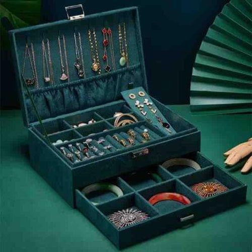 3-Layer Velvet Jewellery Organizer Box with Lock - Green Storage Case