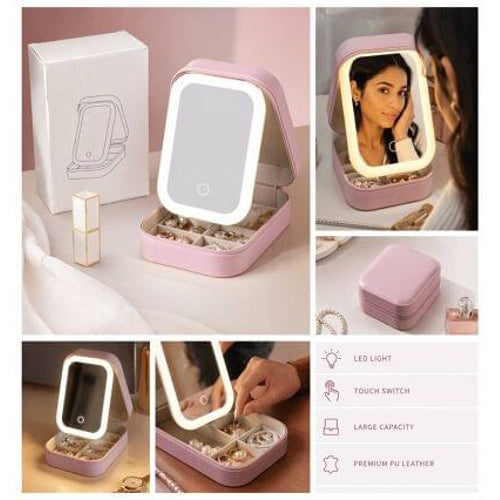 LED Travel Jewellery Box with Mirror - Dust-Proof Makeup Storage Case