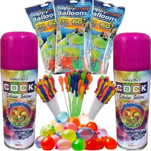 Holi Special Combo – 2 Color Snow Sprays + Magic Water Balloons Quick Fill Pack (333 Balloons Total)