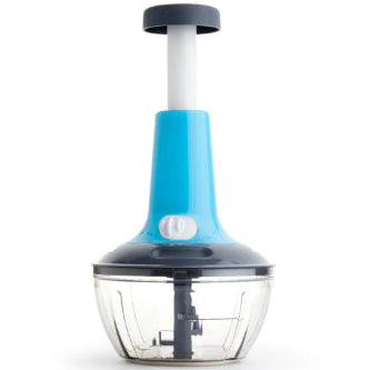 A small manual food chopper with a bright blue body, dark gray top and base, and a clear plastic bowl, shown on a white background.