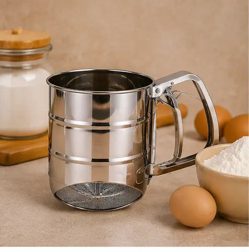 Stainless Steel Flour Sifter | Handheld Fine Mesh Flour & Powdered Sugar Sieve with Easy Hand Crank