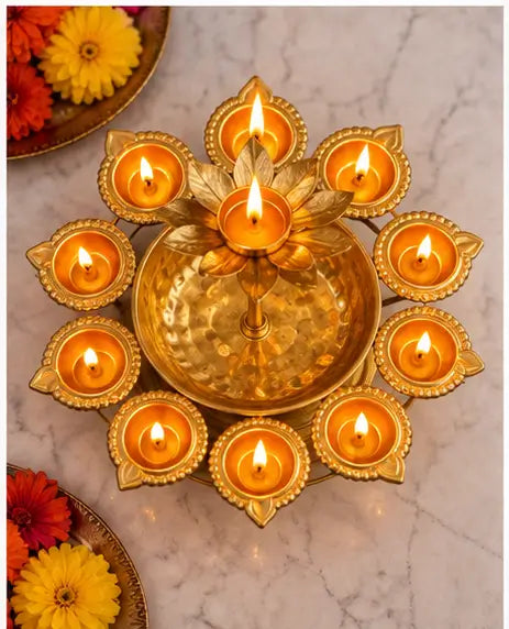 Diwali Urli Bowl Diya Stand with Lotus Candle Holder – Golden Metal Festive Home Décor