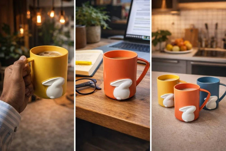 Three-panel collage showing a set of ceramic mugs with a 3D rabbit-shaped handle. The mugs are shown in yellow, orange, and blue, with one hand holding a yellow mug in a cozy indoor setting, and another in a kitchen environment.
