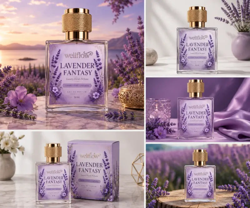 A collage of six product photos for WellFlow Lavender Fantasy essential oil perfume. The product is shown in multiple settings: on a wooden table with lavender flowers and a sunset background, in a clean studio setting with a box, and in a cozy indoor setting with a candle and draped fabric.