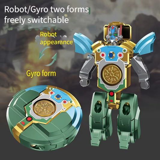 Transformable toy robot and matching round disc shown on a dark illustrated background, with text reading 'Robot/Gyro two forms freely switchable' and labels pointing to robot appearance and gyro form.