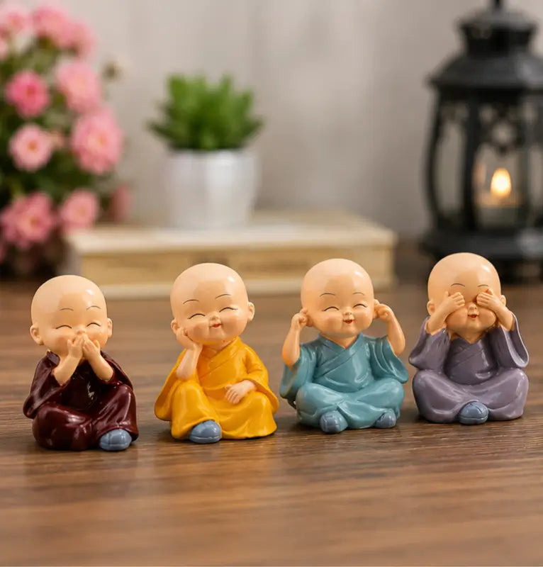 Mini Buddha Monk Statue Set of 4 | Resin Figurines for Home & Office Decor