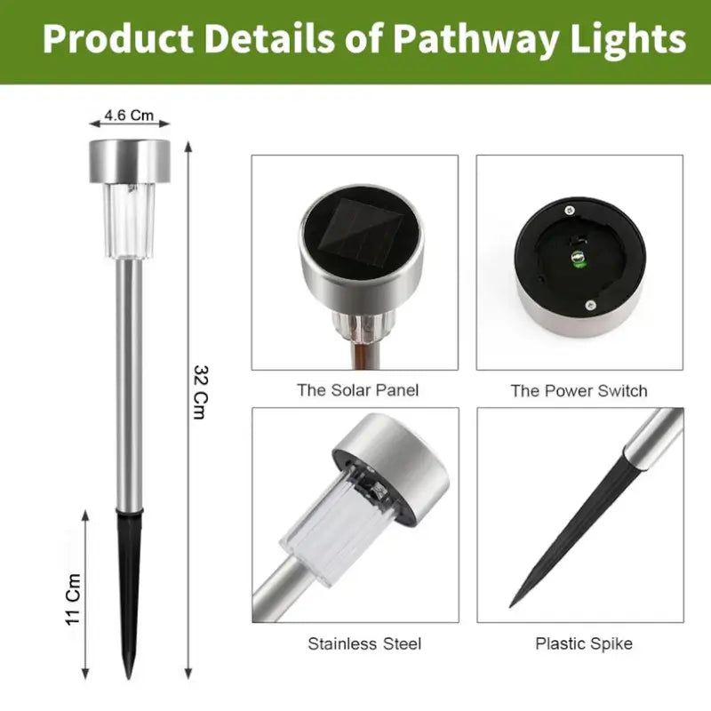 Product details of pathway lights with labeled parts and dimensions.
