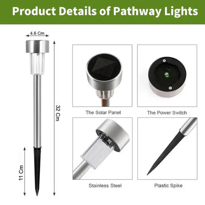 Product details of pathway lights with labeled parts and dimensions.