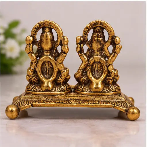 Lakshmi Ganesh Idol with Decorative Diya, Aluminium Golden Finish for Diwali Pooja & Home Décor